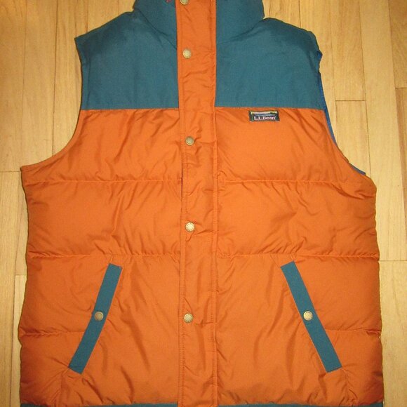 MENS LL BEAN VEST/PUFFER/ORANGE + GREEN/DOWNTEK/POCKETS/SIZE LARGE! - Picture 1 of 10